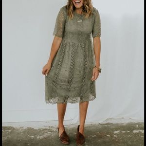 Roolee olive/sage green lace midi dress